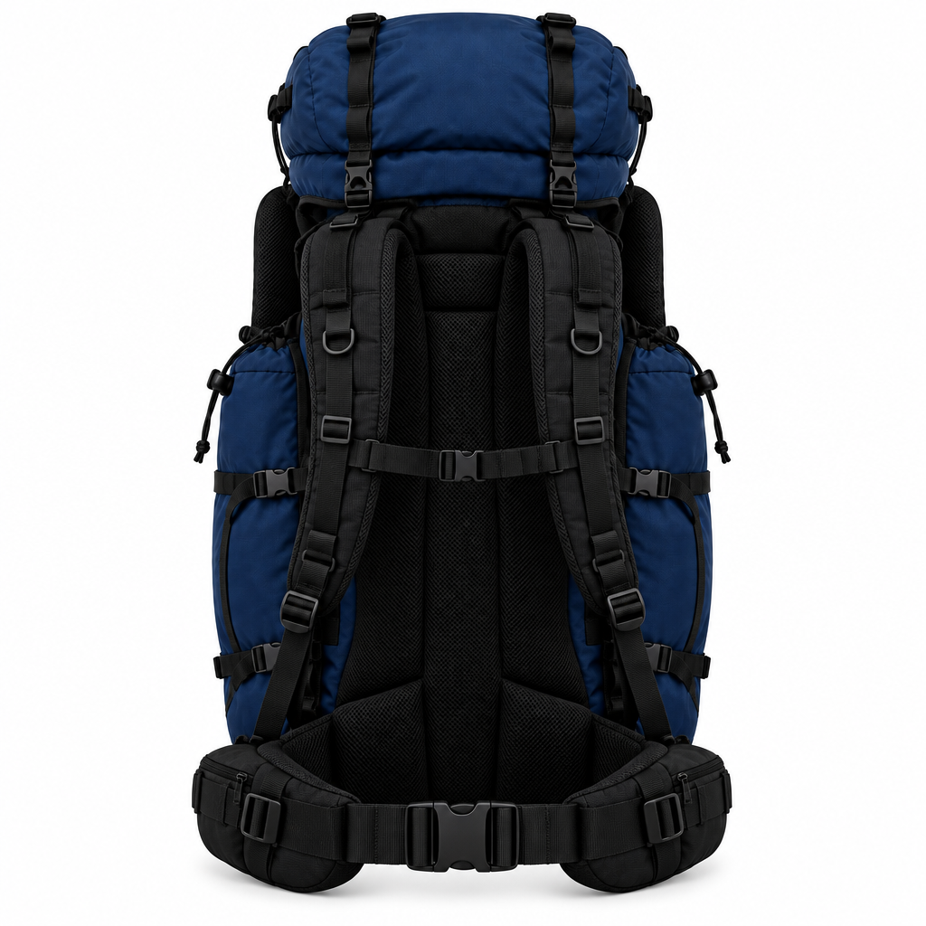 Navy trekking-style camping backpack concept, back view