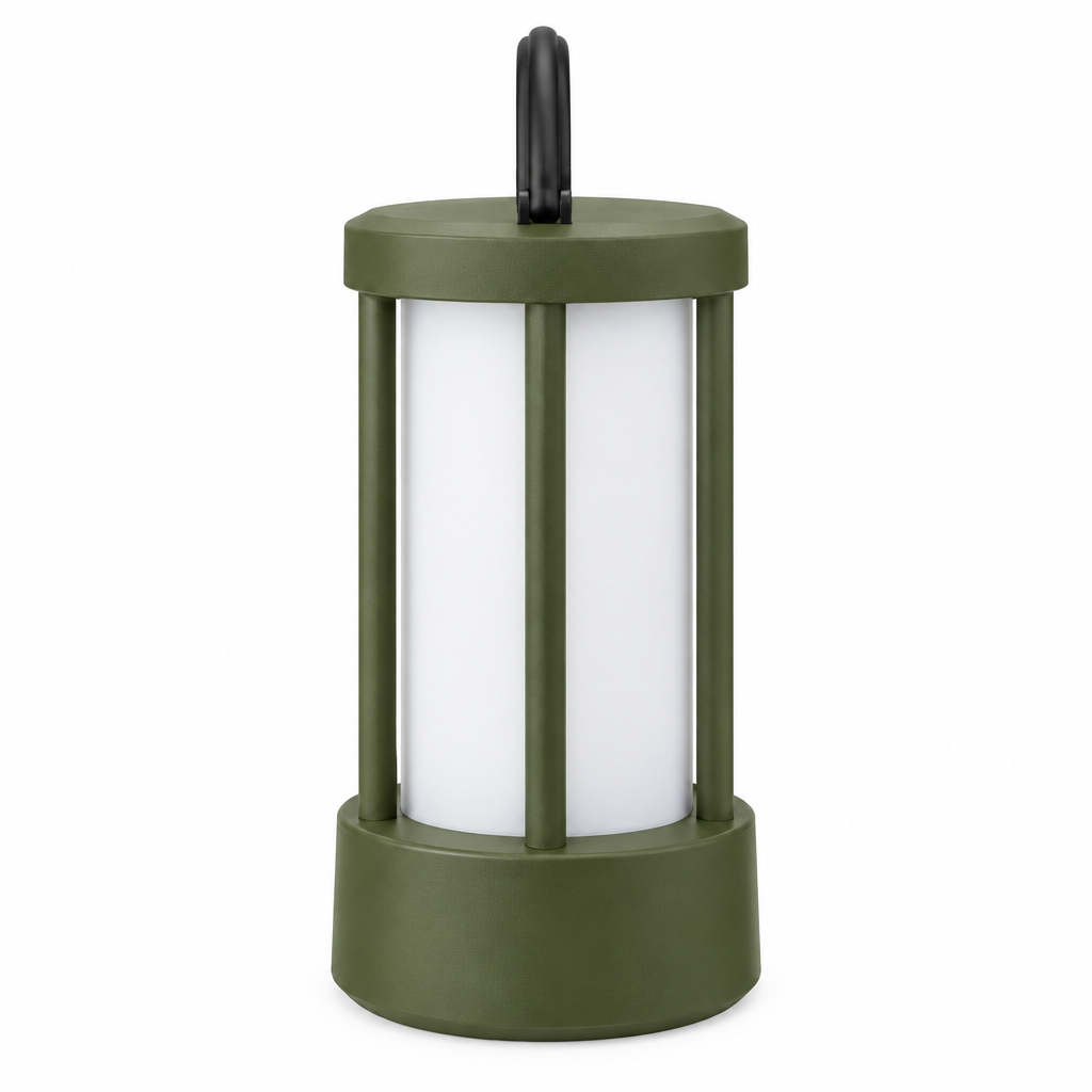 Green cage lantern concept, side view on white