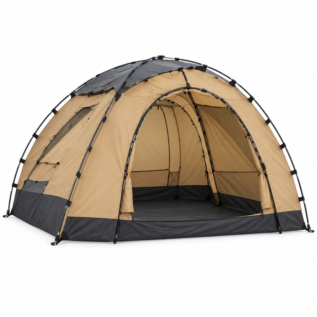 Reference-based dome tent illustration, front three-quarter view on white