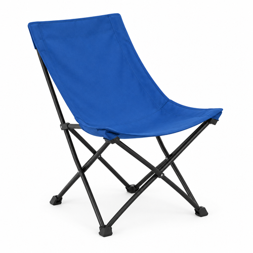 Blue sling chair concept, three-quarter angle on white