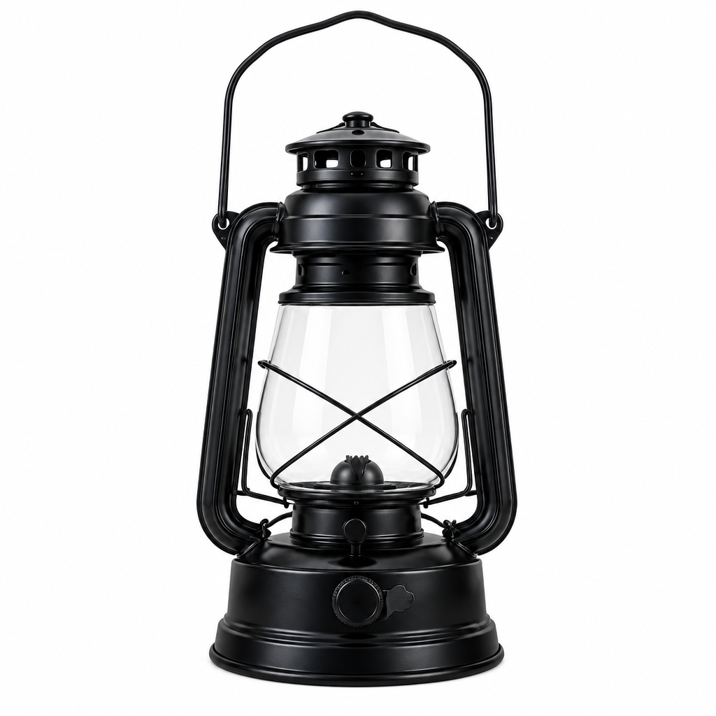 Black camping lantern concept, front view on white