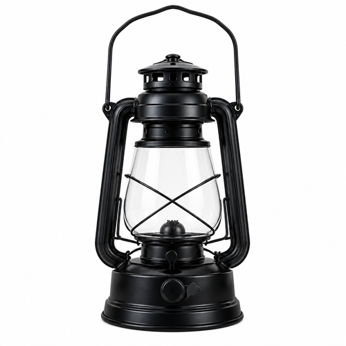 Black camping lantern concept, front view on white