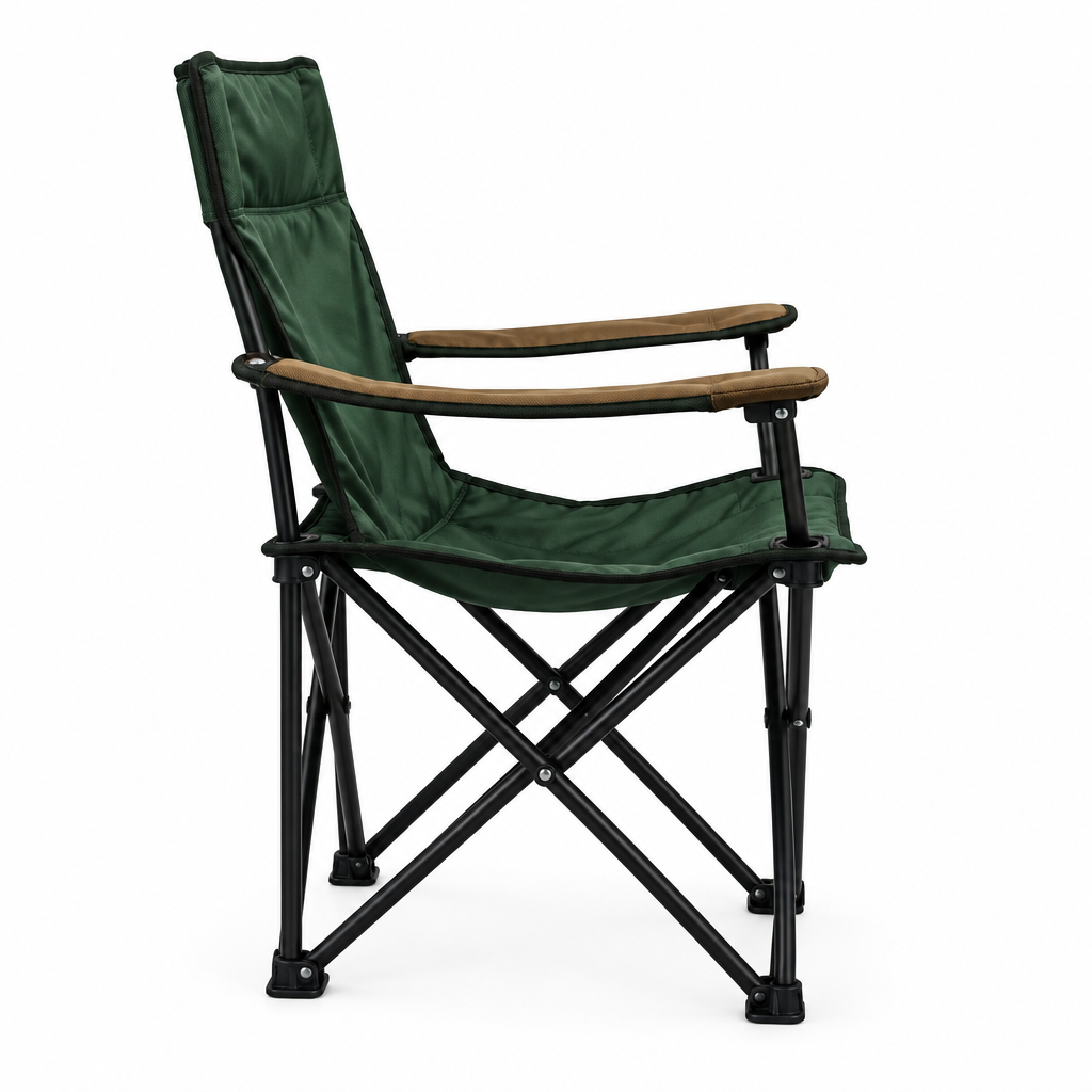 Green folding chair concept, side view on white