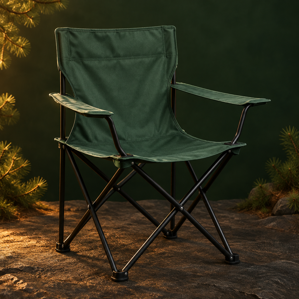 Forest-green folding camping chair in green-and-gold theme setting