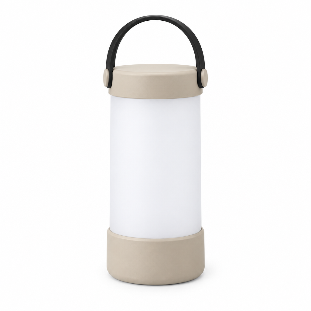 Sand cylinder lantern concept, front view on white