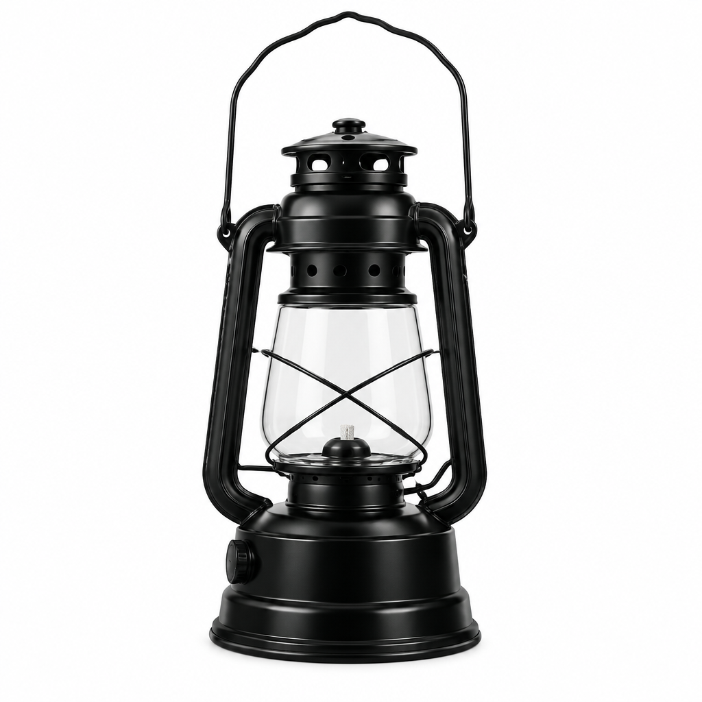 Black camping lantern concept, side view on white