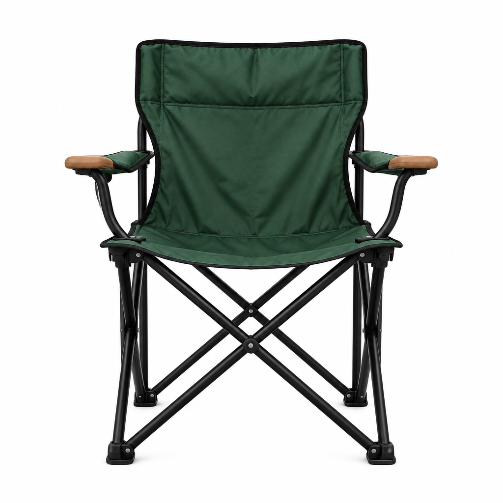 Green folding chair concept, front view on white