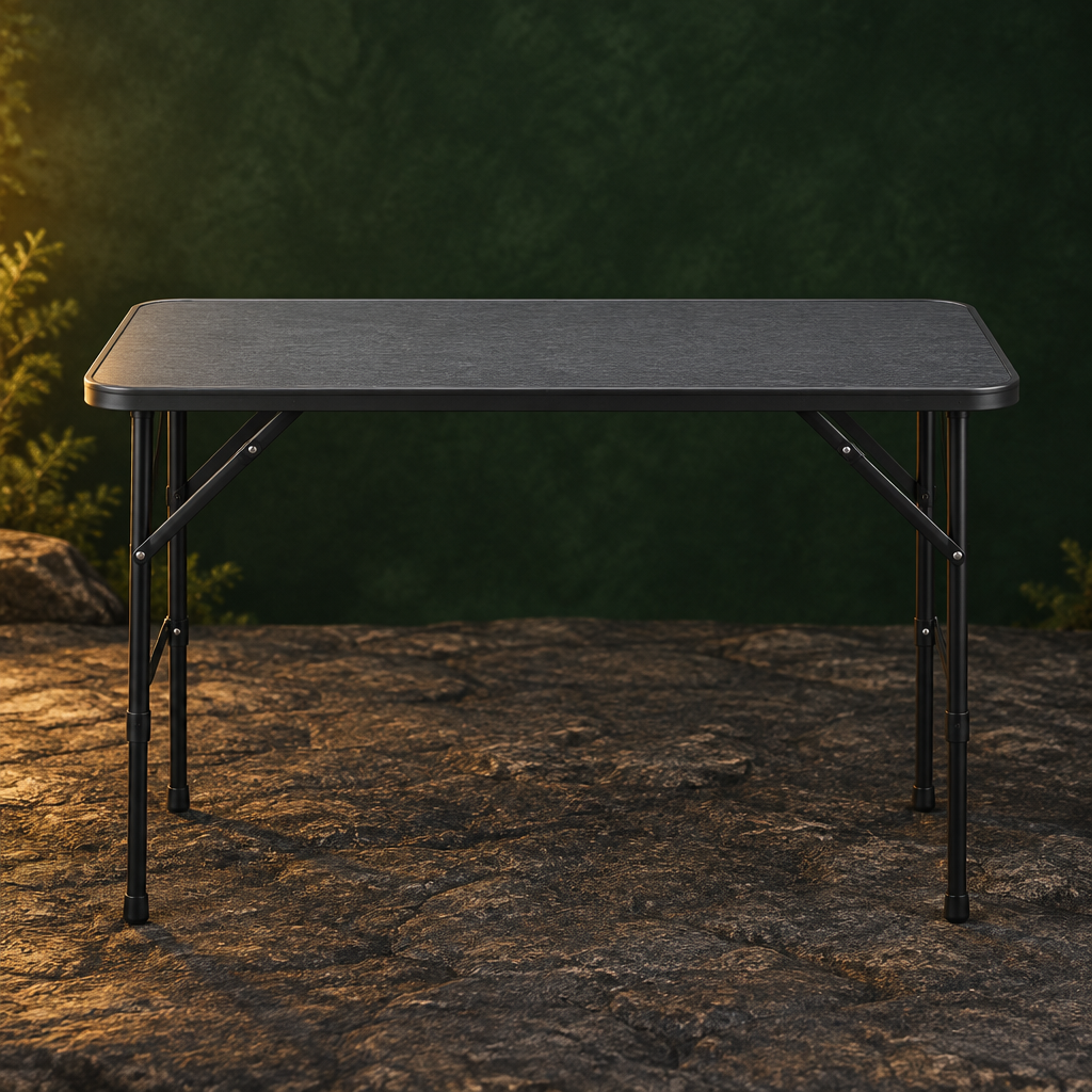Charcoal camping table front view in forest-green and warm-gold setting