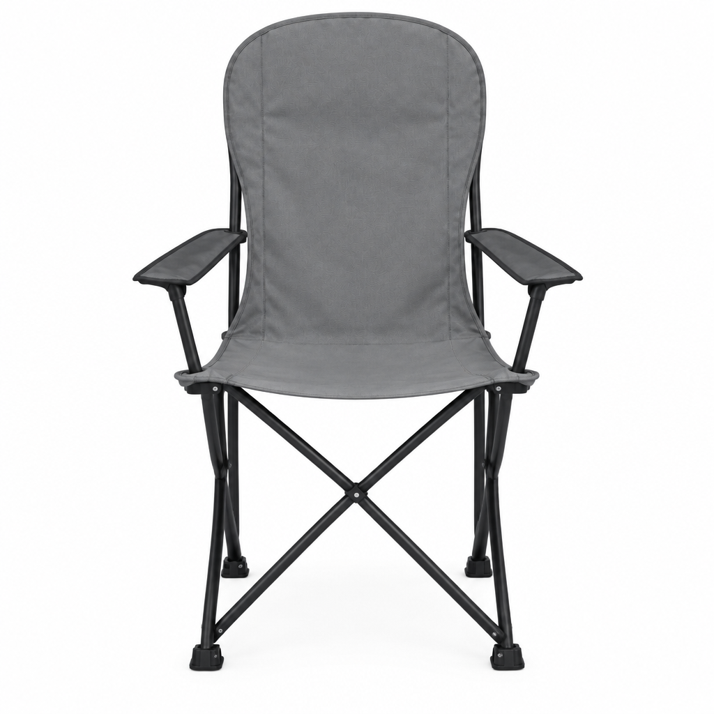 Grey high-back chair concept, front view on white