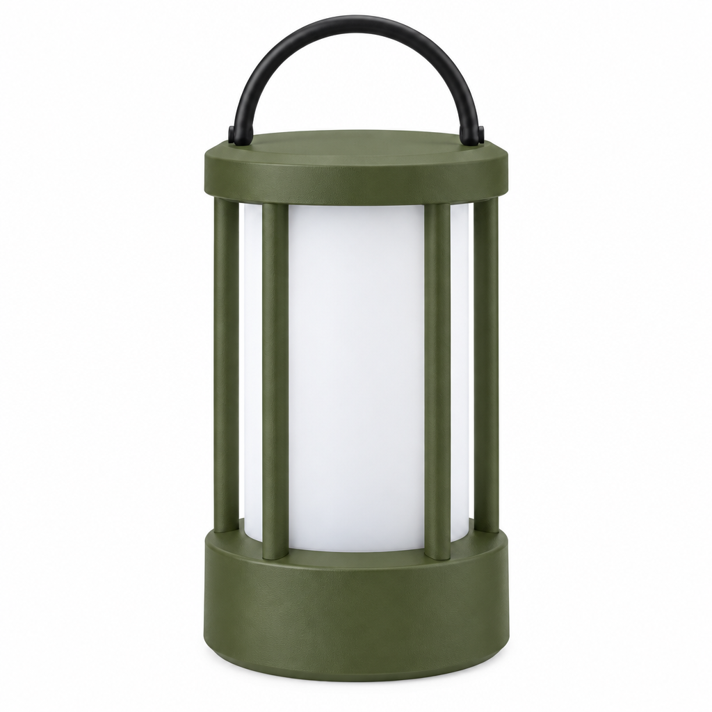 Green cage lantern concept, front view on white