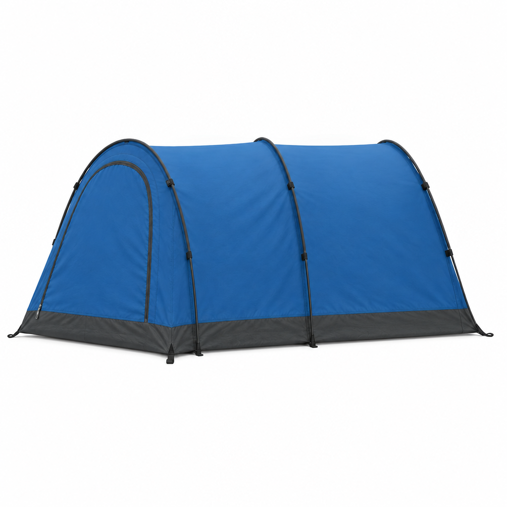 Blue tunnel tent concept, side angle on white