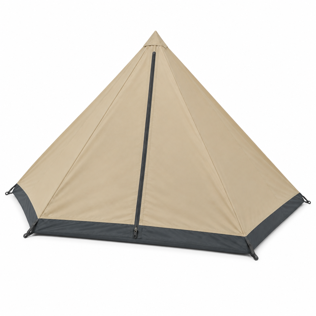 Sand pyramid tent concept, opposite angle on white