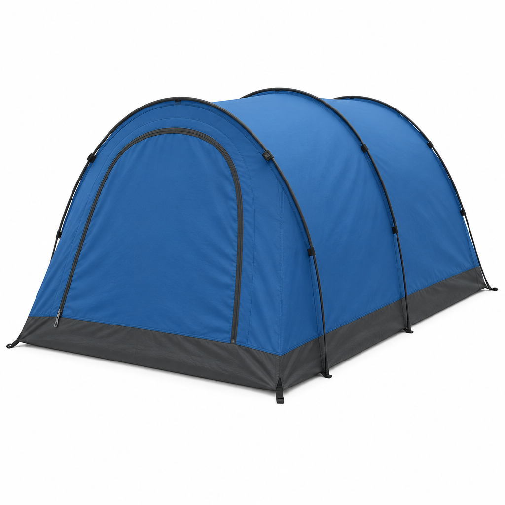 Blue tunnel tent concept, front three-quarter angle on white