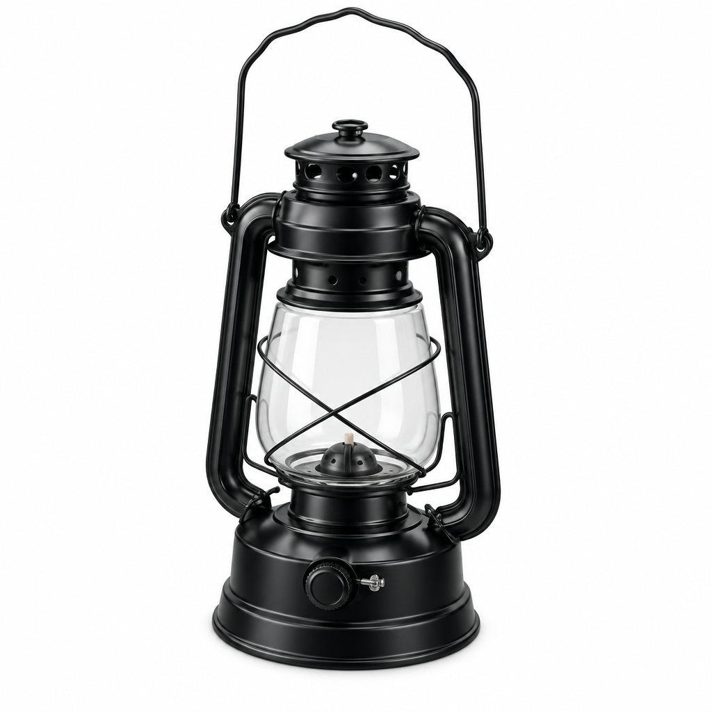 Black camping lantern concept, opposite angle on white