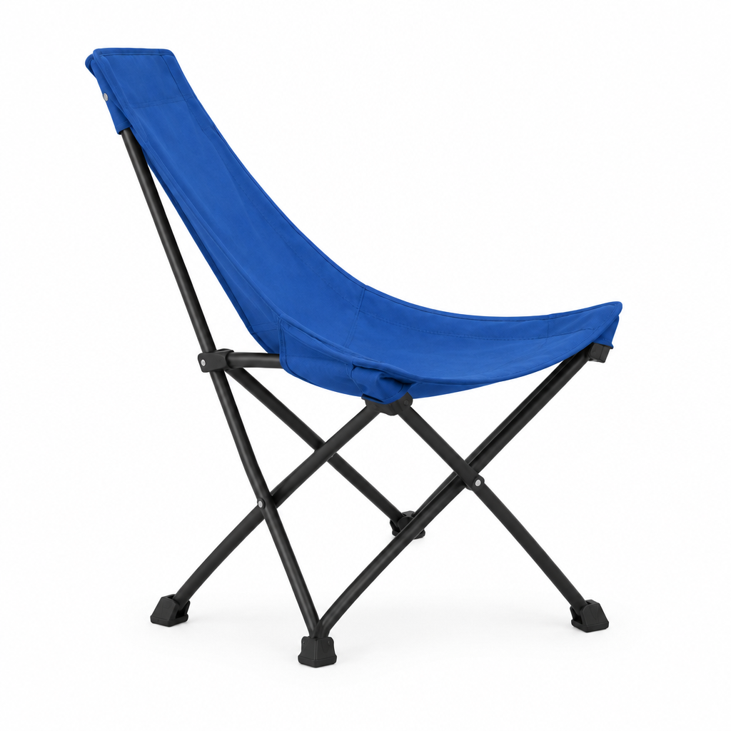 Blue sling chair concept, side angle on white