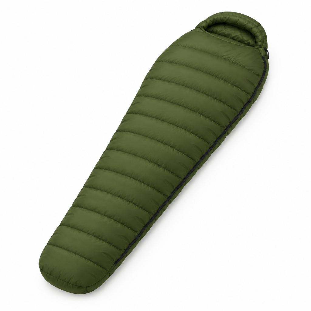 Olive sleeping bag concept, angled view