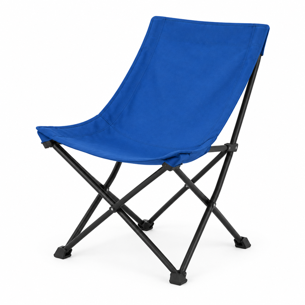 Blue sling chair concept, opposite angle on white