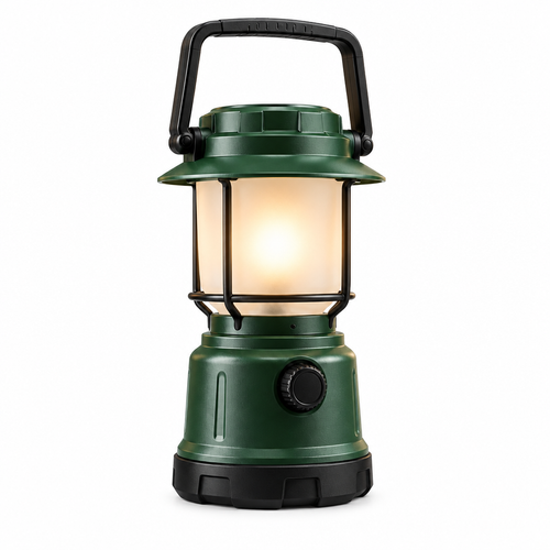 Forest-green camping lantern left angle on white