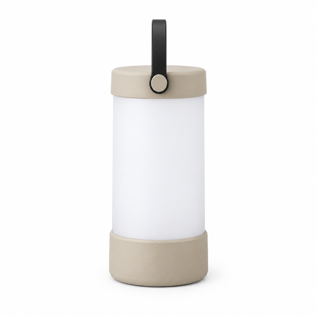 Sand cylinder lantern concept, side view on white