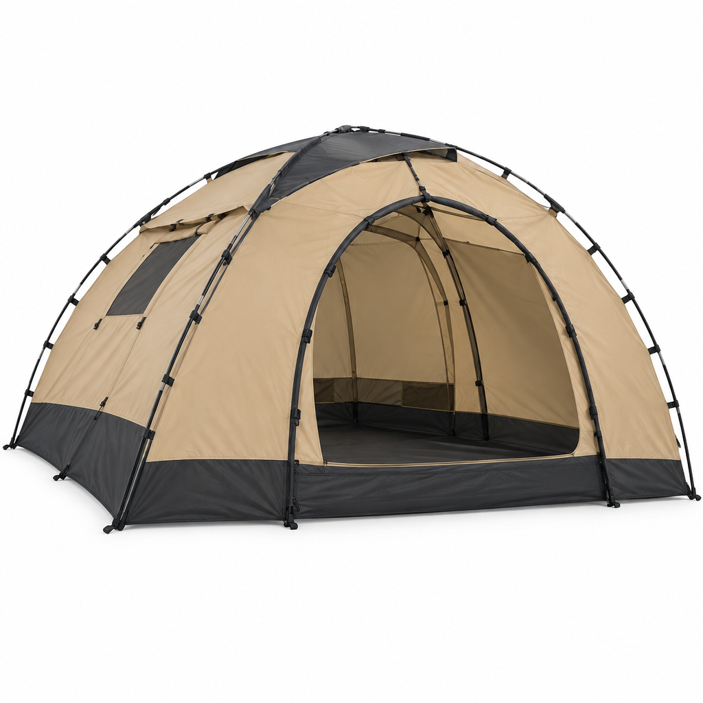 Reference-based dome tent illustration, opposite three-quarter view on white