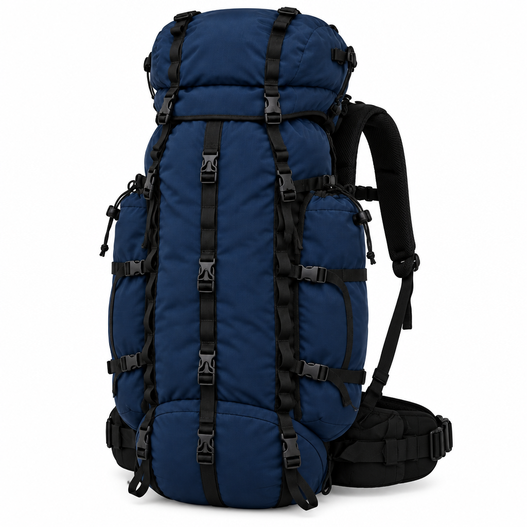 Navy trekking-style camping backpack concept, angled view