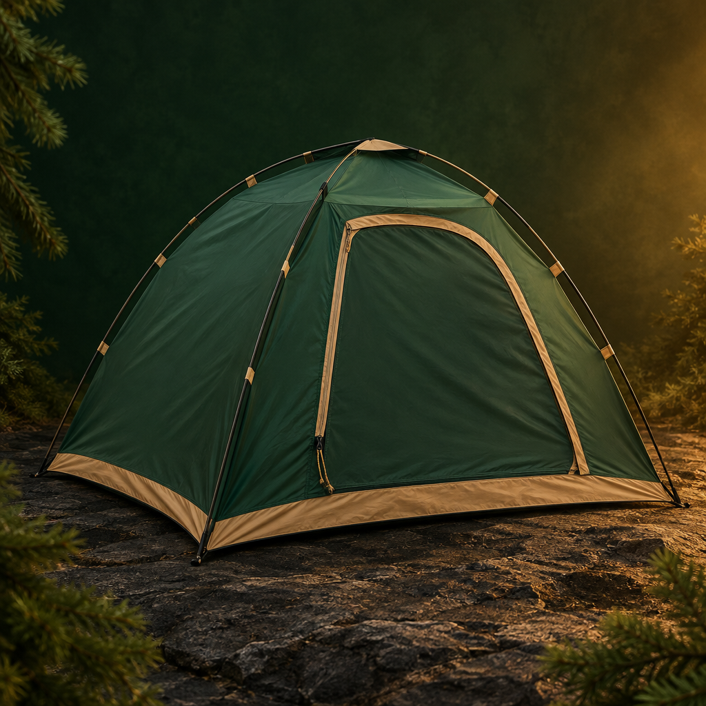 Forest-green dome tent in theme-matched setting