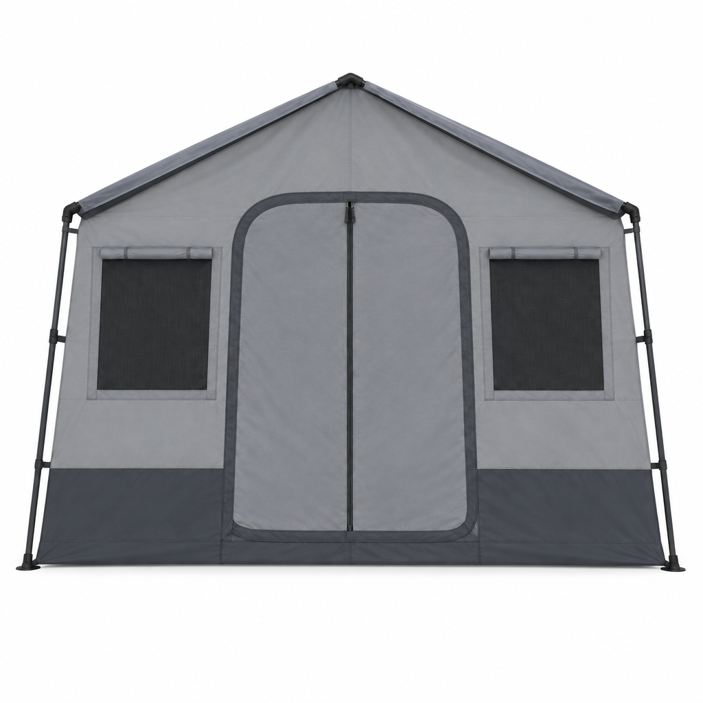 Grey cabin tent concept, front view on white