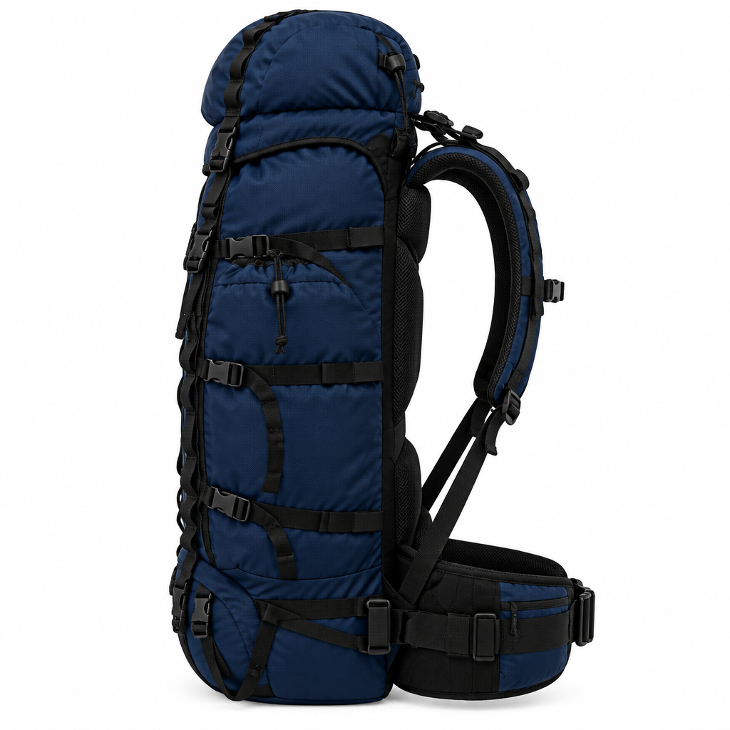 Navy trekking-style camping backpack concept, side view