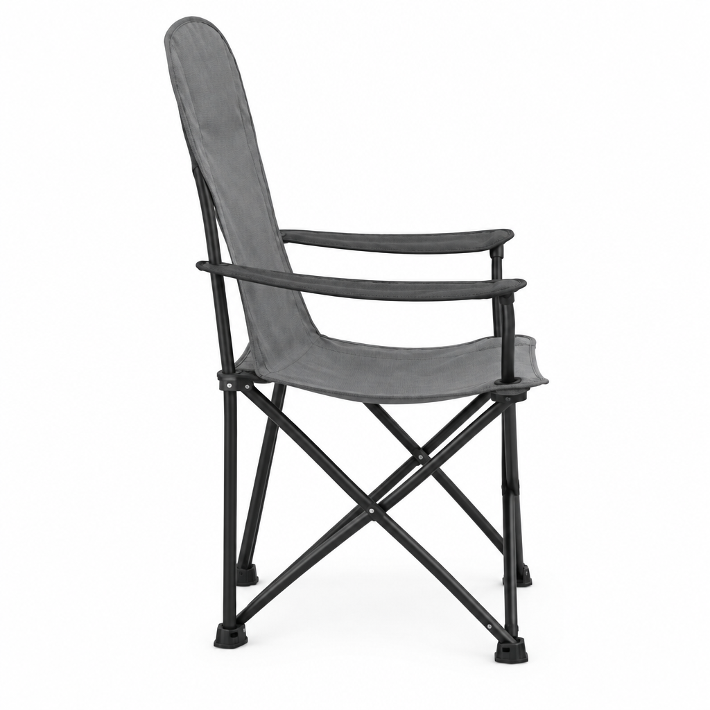 Grey high-back chair concept, side view on white