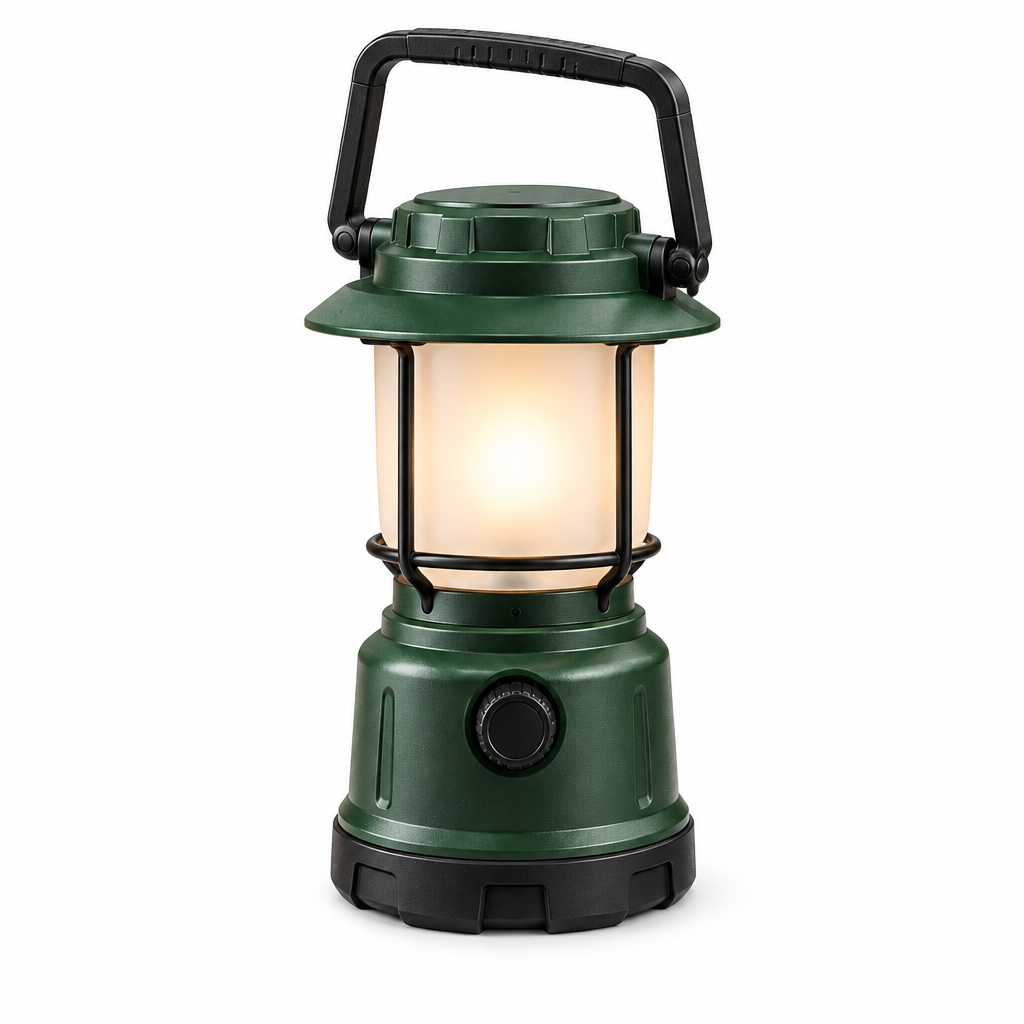 Forest-green camping lantern elevated right angle on white