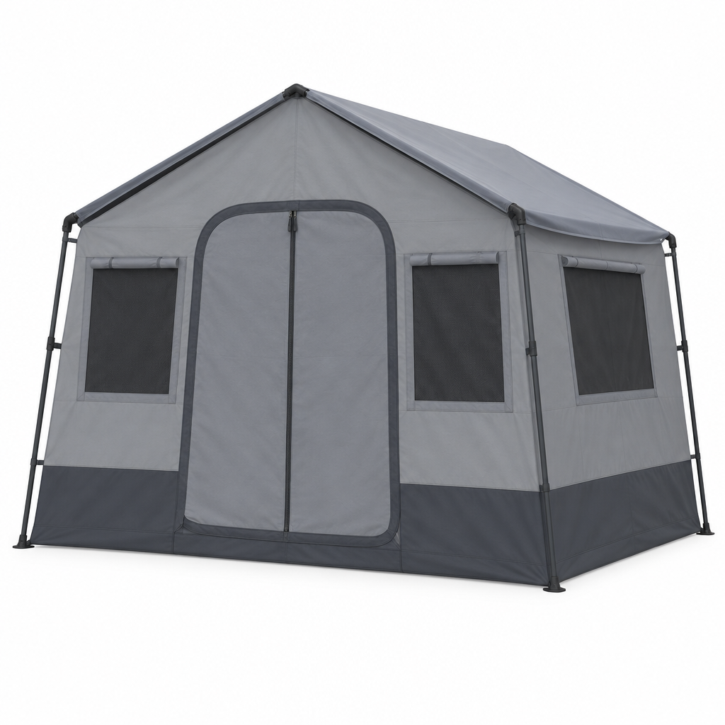 Grey cabin tent concept, front three-quarter view on white