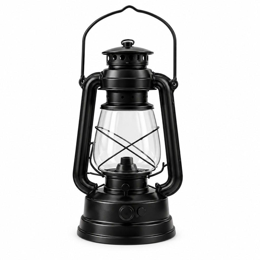 Black camping lantern concept, three-quarter view on white