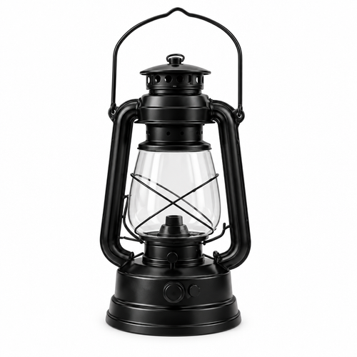 Black camping lantern concept, three-quarter view on white