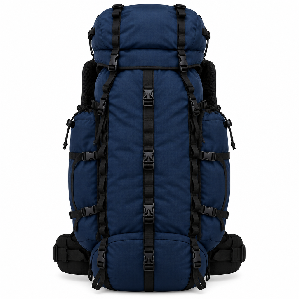 Navy trekking-style camping backpack concept, front view