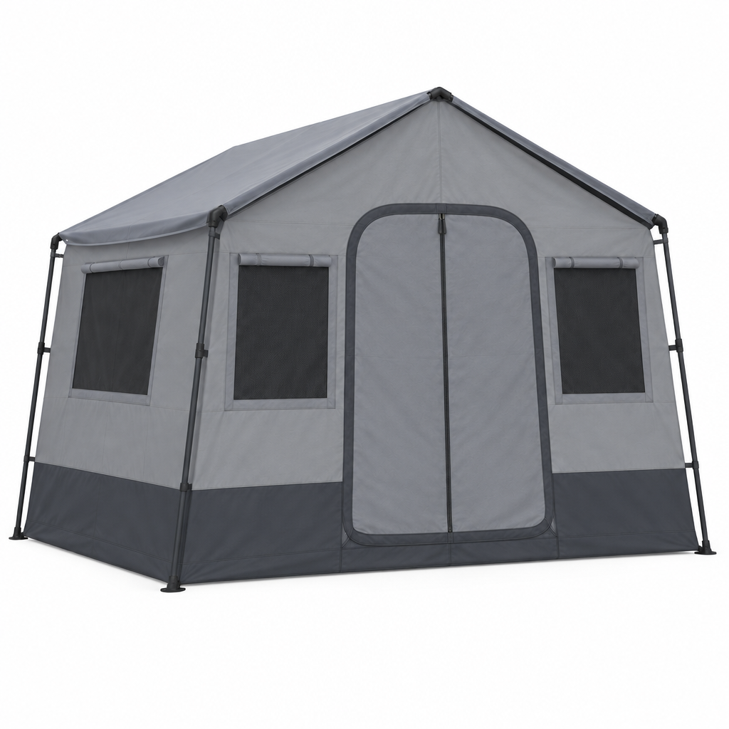 Grey cabin tent concept, opposite angle on white