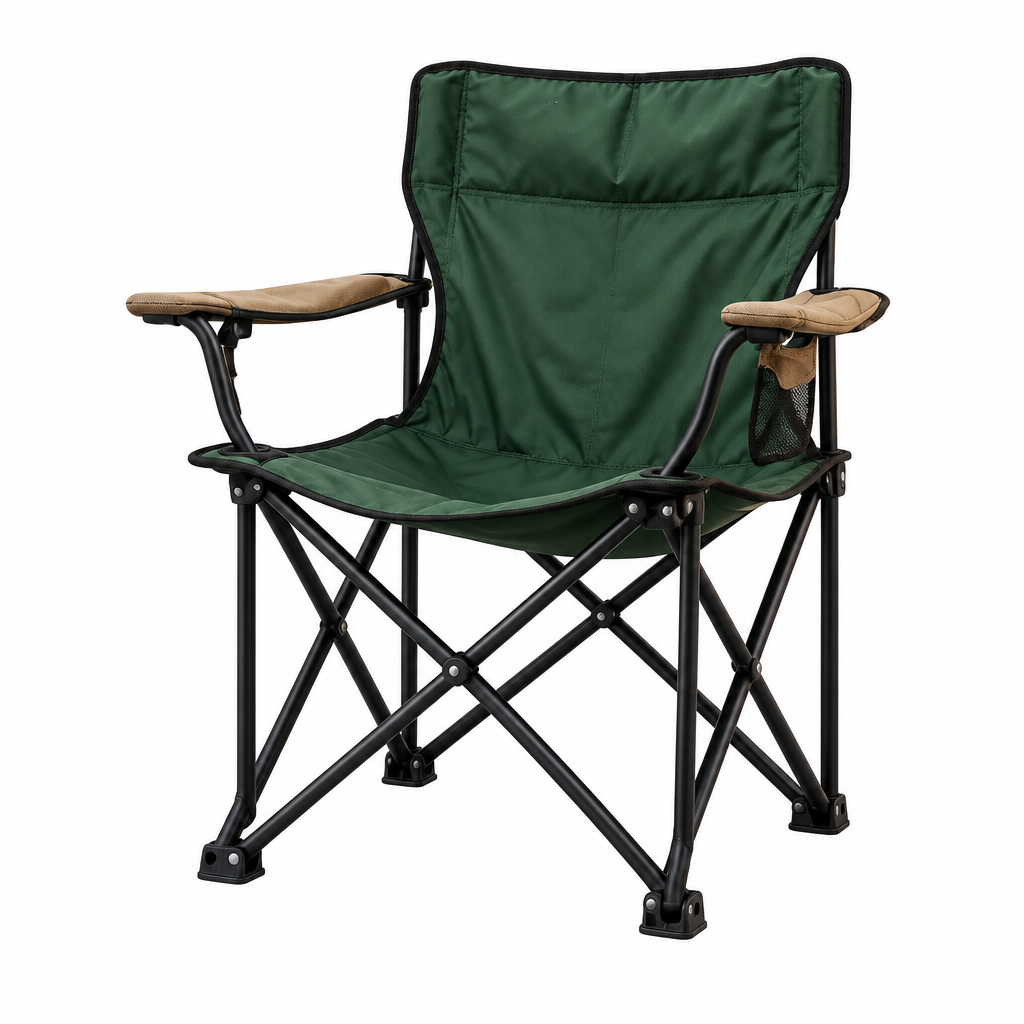 Green folding chair concept, three-quarter view on white