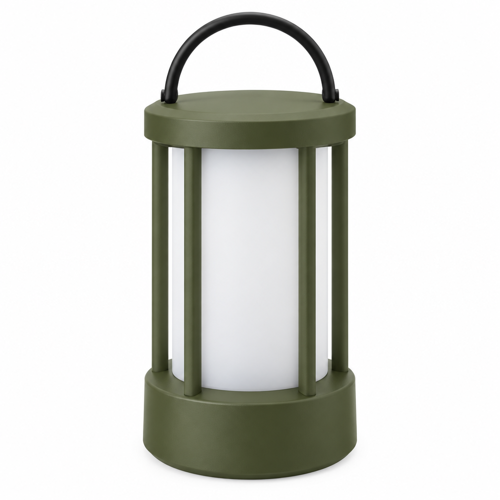 Green cage lantern concept, three-quarter view on white
