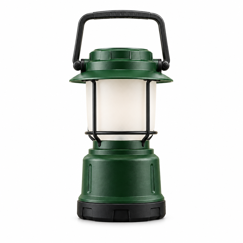 Forest-green camping lantern rear view on white