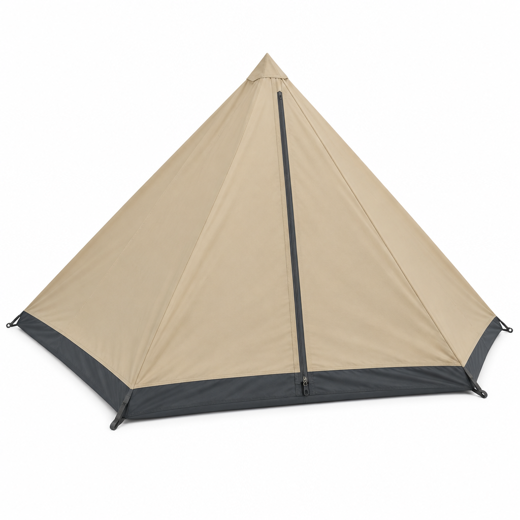 Sand pyramid tent concept, front three-quarter view on white