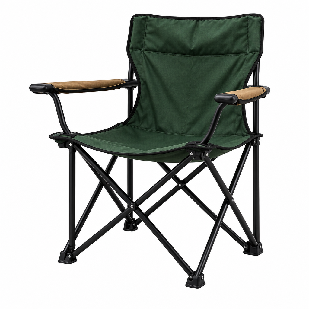 Green folding chair concept, opposite view on white