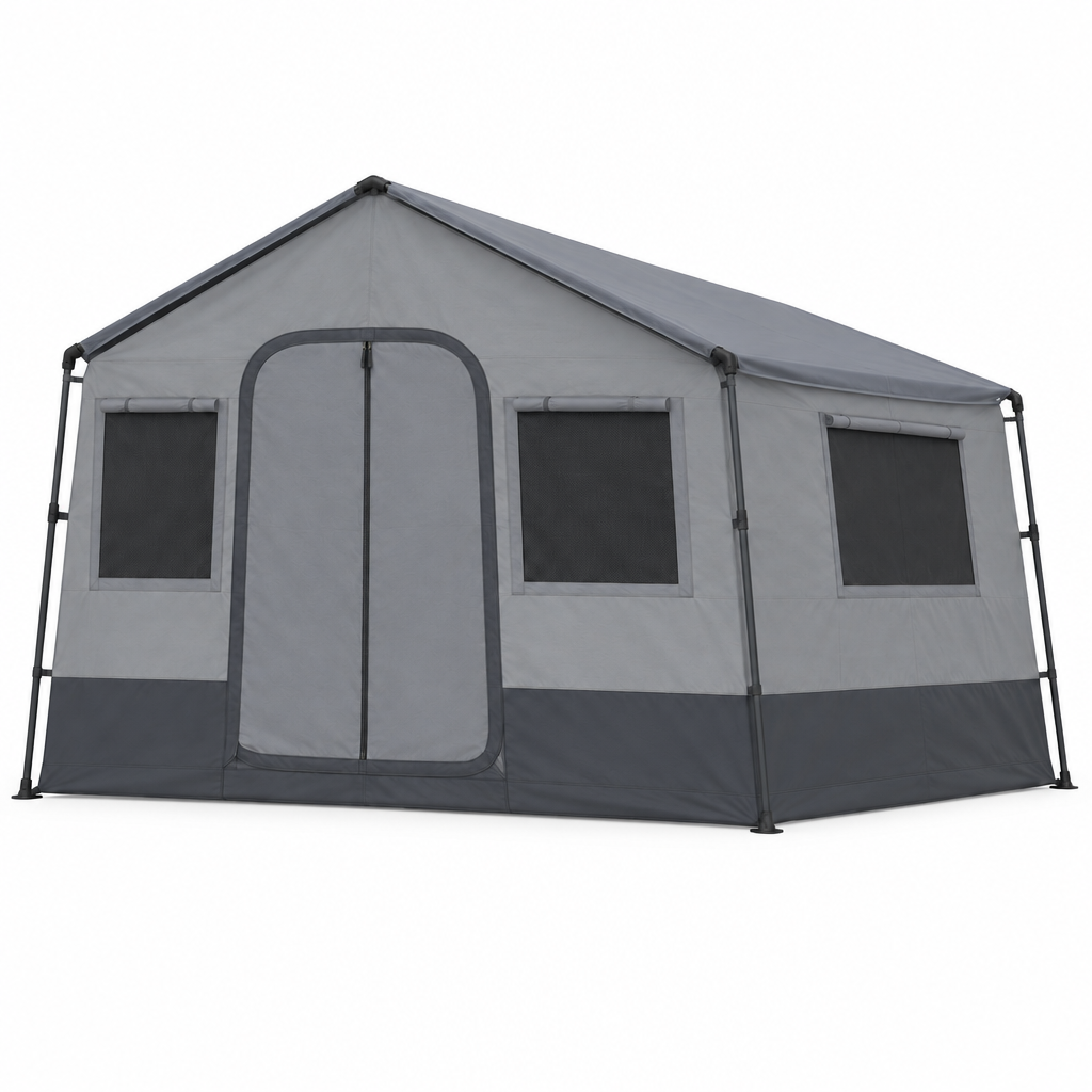 Grey cabin tent concept, side view on white