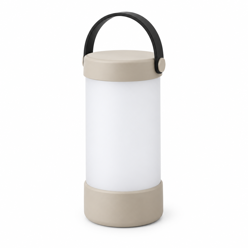 Sand cylinder lantern concept, three-quarter view on white